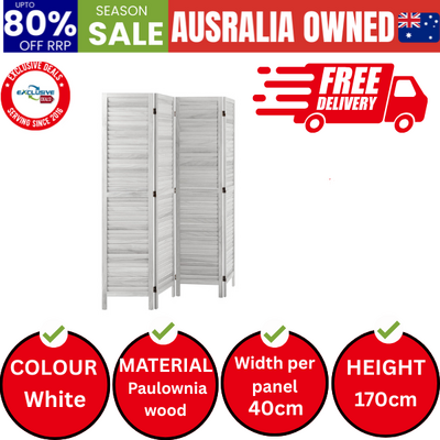 4 Panel Room Divider Timber Wooden Fold White