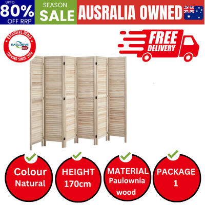 6 Panel Room Divider Timber Wooden Natural