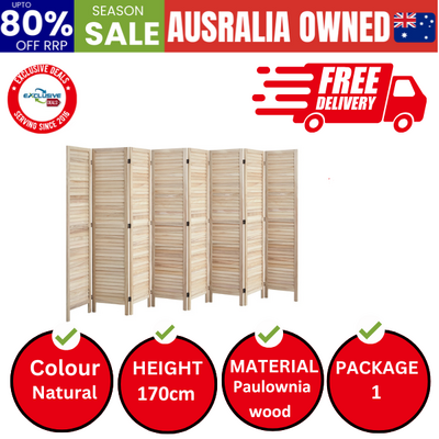 8 Panel Room Divider Timber Wooden Natural