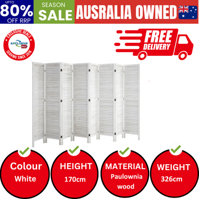 8 Panel Room Divider Timber Wooden Fold White
