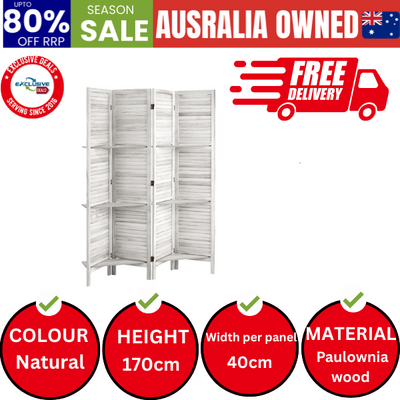 4 Panel Room Divider With Shelves Timber Wooden White