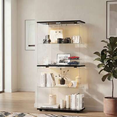 Glass Display Cabinet 4-Tier LED Light Bookcase 2 Doors Black