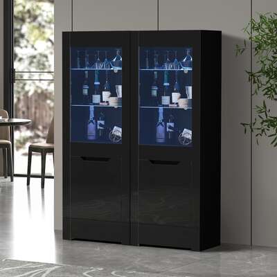 LED Display Cabinet Tall Sideboard High Gloss Black | EXTG