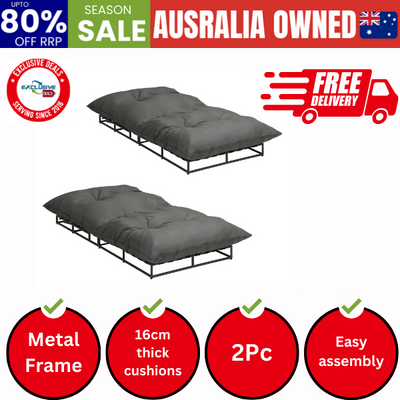 Outdoor Sun Bed Metal Frame Grey Cushion X2