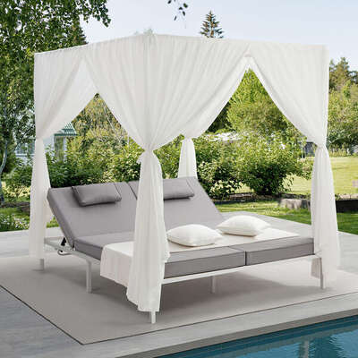 3PCS Outdoor Sun Lounger Wicker Lounge Table Chairs Beige