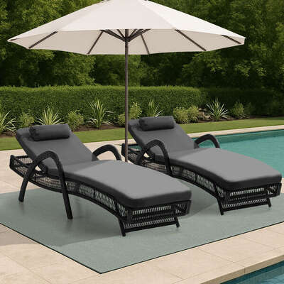 2PCS Outdoor Sun Lounge Wicker Bed Patio Furniture Grey