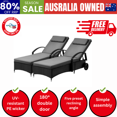 2x Sun Lounge Adjustable Backrest Wicker Black