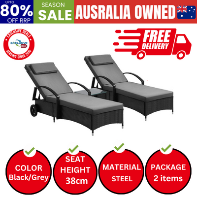 2x Wheeled Sun Lounger Day Bed & Table Outdoor Setting Patio