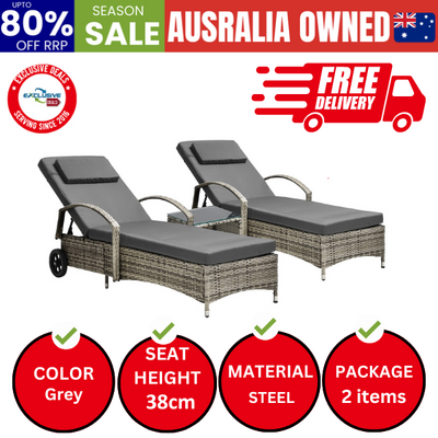 2x Wheeled Sun Lounger Day Bed W/ Table Outdoor Setting Patio