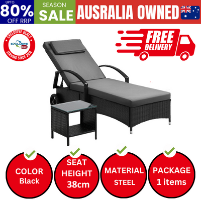 Sun Lounger Wheeled Day Bed with Table Set Outdoor Patio Furniture