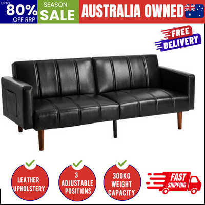 Modern 3-Seater Sofa Bed Recliner Convertible Leather Black 195cm Solid Wood