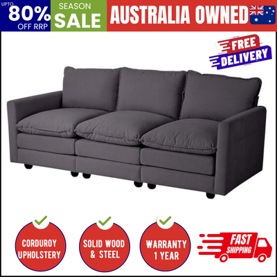 Modern 3-Seater Sofa Couch Corduroy Lounge Grey Thick Cushion 188cm
