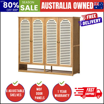 Bamboo Shoe Storage Cabinet 4 Doors Organizer Shelf Rack Beige