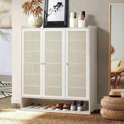 Shoe Storage Cabinet 7 Tier Rattan White | EXTG