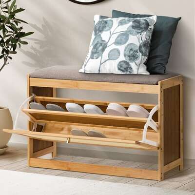 Shoe Storage Bench Bamboo Organiser Shelf with Seat 70cm