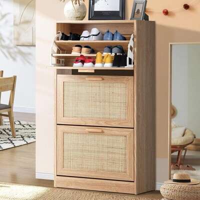 Shoe Cabinet 3 Compartment with Rows Rattan Doors