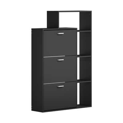 Black Shoe Cabinet Storage 3 Doors with Display Shelves Hallway Unit
