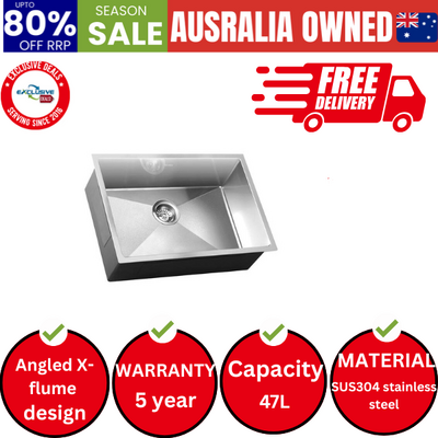 60X45CM Stainless Steel Sink Single Bowl with Waste Silver