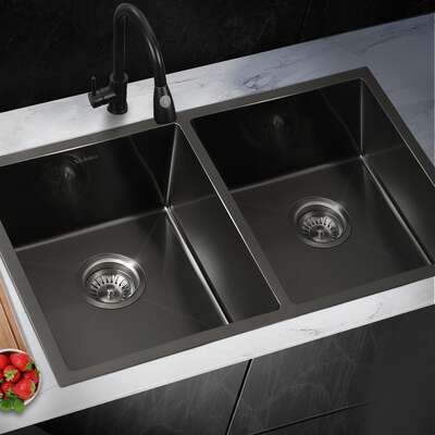 Welba Kitchen Sink Stainless Steel Basin Double Flush Mount Black