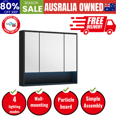 Bathroom Mirror Cabinet LED Wall Storage 900x750mm Black