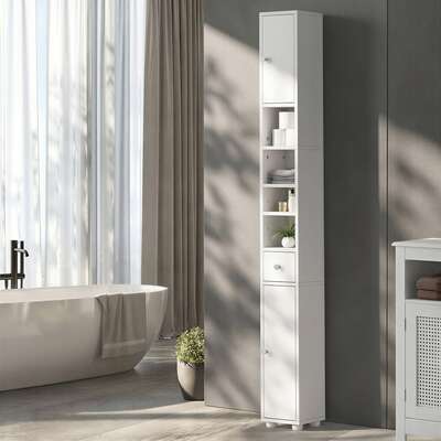 Tall Bathroom Storage Cabinet Shelf Drawer Cupboard White