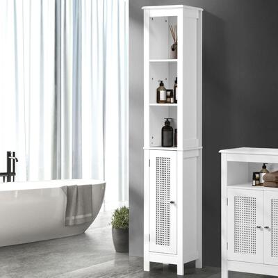 Bathroom Cabinet Storage Laundry Tall Slim Cupboard Rattan Door White