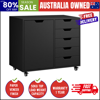 Rolling Filing Cabinet Office Storage Unit 5 Drawer 1 Door Black 78x40x67cm