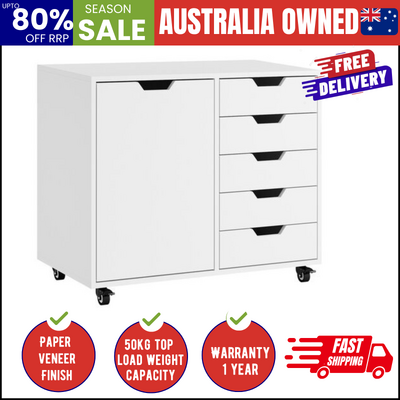 Mobile Office Filing Cabinet Storage Organizer 5 Drawer 1 Door White MDF