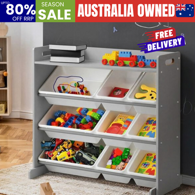 Kids Toy Storage Organiser 9 Bin Bookshelf Shelf Unit for Playroom Grey