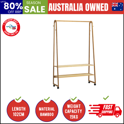 Clothes Rack Bamboo Garment Coat Stand Hanging Rail Portable Wheels