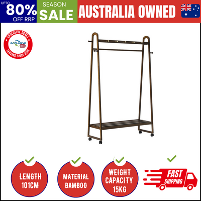Clothes Rack Garment Coat Stand Hanging Rail Bamboo Portable Wheels