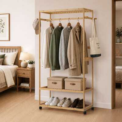 Bamboo Clothes Rack Open Wardrobe 2 Shelves | EXTG