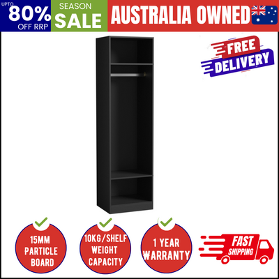 Open Wardrobe Shelf Unit Clothes Storage 3 Shelves Hanging Rail Black