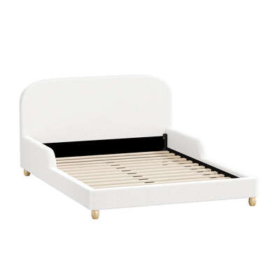 Kids Bed Frame Double Size With Side Rails Boucle Upholstered White Bedroom Furniture