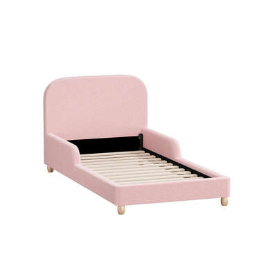 Kids Bed Frame Single Size With Side Rails Boucle Upholstered Pink Bedroom Furniture