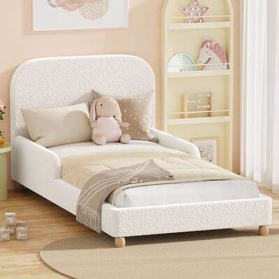 Kids Bed Frame Single Size With Side Rails Boucle Upholstered White Bedroom Furniture