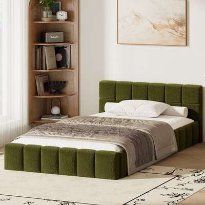 Bed Frame King Single Size Tufted Headboard Green Boucle
