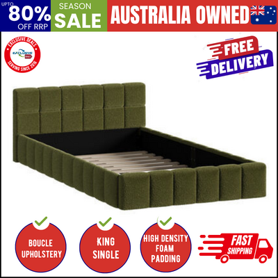Bed Frame King Single Size Tufted Headboard Green Boucle