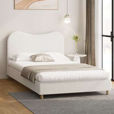 Double Size Bed Frame White Boucle Upholstered Cloud Shape Headboard