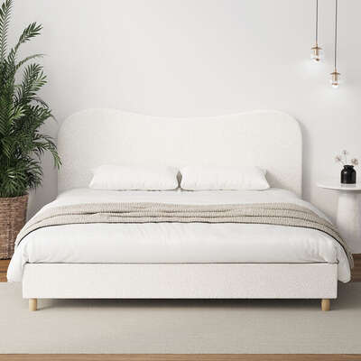 King Size Bed Frame White Boucle Cloud Shape Upholstered Bedroom Furniture