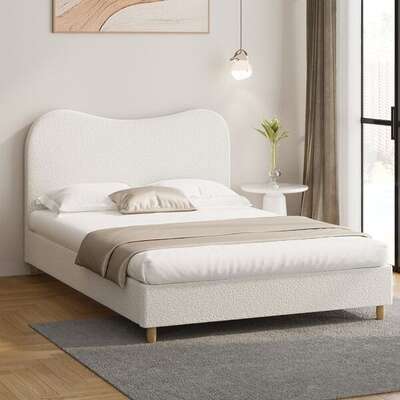 Queen Bed Frame White Boucle Cloud Shape Upholstered Bedroom Furniture