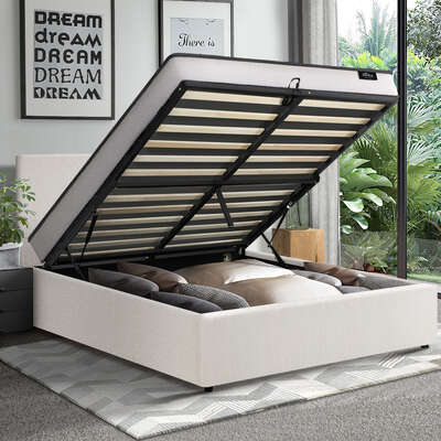 Double Size Boucle Bed Frame Gas Lift Storage with Mattress Set Upholstered