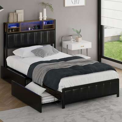 King  Single Size Storage Bed Frame with LED Lights + USB Charging