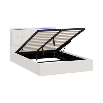 Bed Frame Double Size RGB LED Gas Lift Storage Base White Boucle