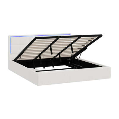 Bed Frame King Size RGB LED Gas Lift Storage Base White Boucle
