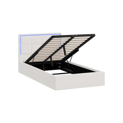 Bed Frame King Single RGB LED Gas Lift Storage Base White Boucle