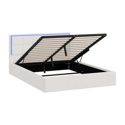 Bed Frame Queen Size RGB LED Gas Lift Storage Base White Boucle