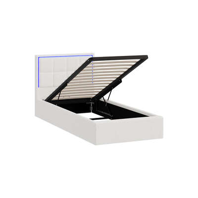 Bed Frame Single Size RGB LED Gas Lift Storage Base White Boucle