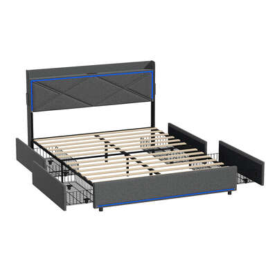 Bed Frame Double with LED Headboard Charging Port 4 Drawers