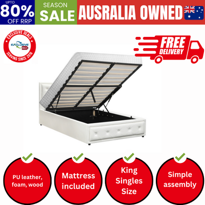 Bed Frame King Single Gas Lift Storage with Mattress White ENZO